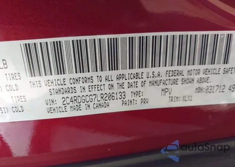 2020 Dodge Grand Caravan Sxt z USA, uszkodzony, nr VIN 2C4RDGCG7LR206133